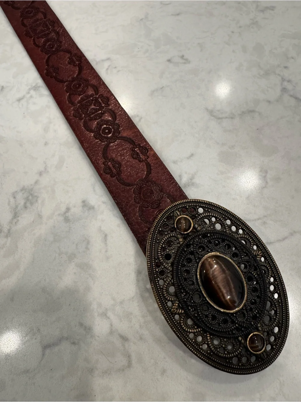Fossil Brown Leather Belt L Embossed Boho Western Statement Buckle